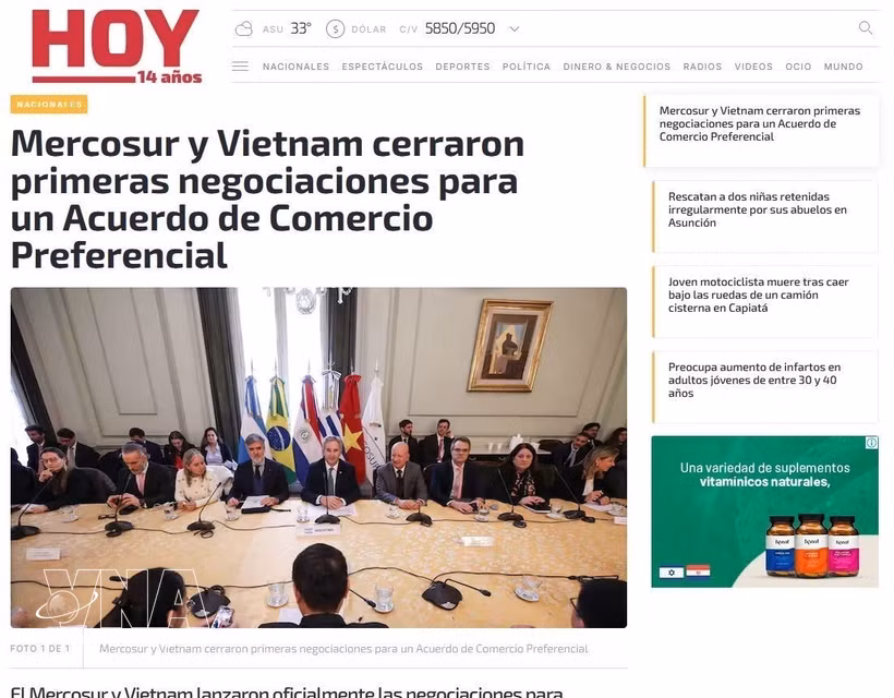 A story on the Vietnam–Mercosur PTA negotiations published by Paraguay’s Hoy news outlet. (Photo: VNA)