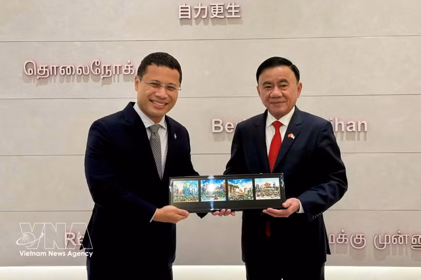 Permanent member of the Communist Party of Vietnam (CPV) Central Committee's Secretariat Tran Cam Tu (R) and Chairman of the People’s Action Party (PAP) and Minister for Education of Singapore Desmond Lee at the meeting on August 24 (Photo: VNA)