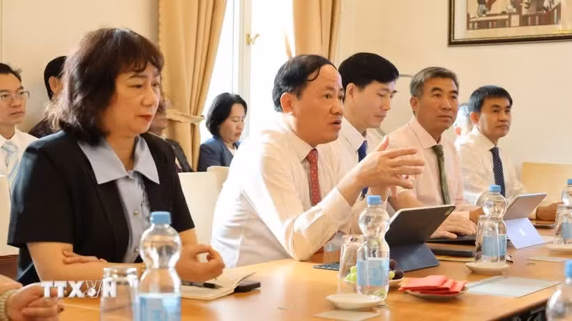 Vice Secretary of the Party Committee and Chairman of the People’s Committee of Gia Lai province Pham Anh Tuan speaks at a meeting with the Vietnamese Embassy in Germany (Photo: VNA)