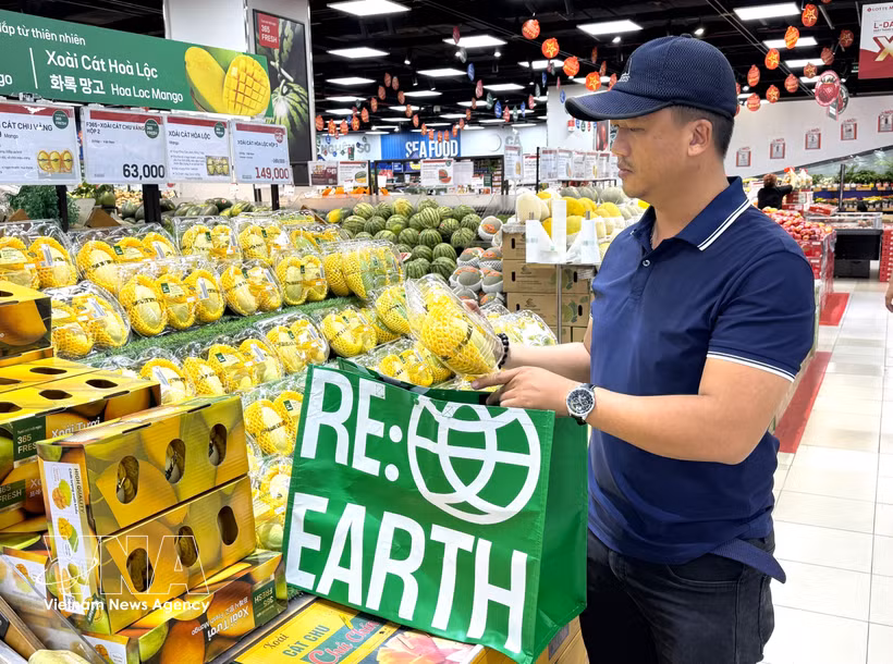 A Ho Chi Minh City resident uses an eco-friendly bag when shopping at a supermarket. (Photo: VNA)