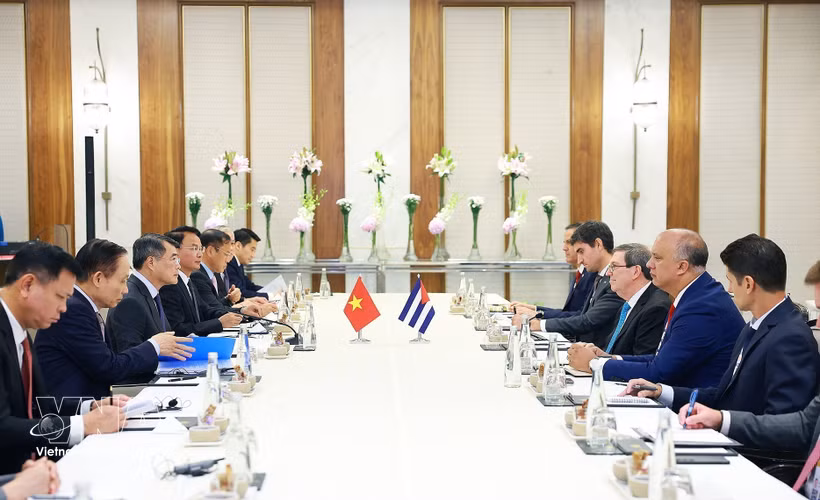 Prime Minister Le Minh Hung (third, left) meets with Bruno Rodriguez Parrilla, Politburo member and Minister of Foreign Affairs of Cuba, in New Delhi on September 12 (Photo: VNA)