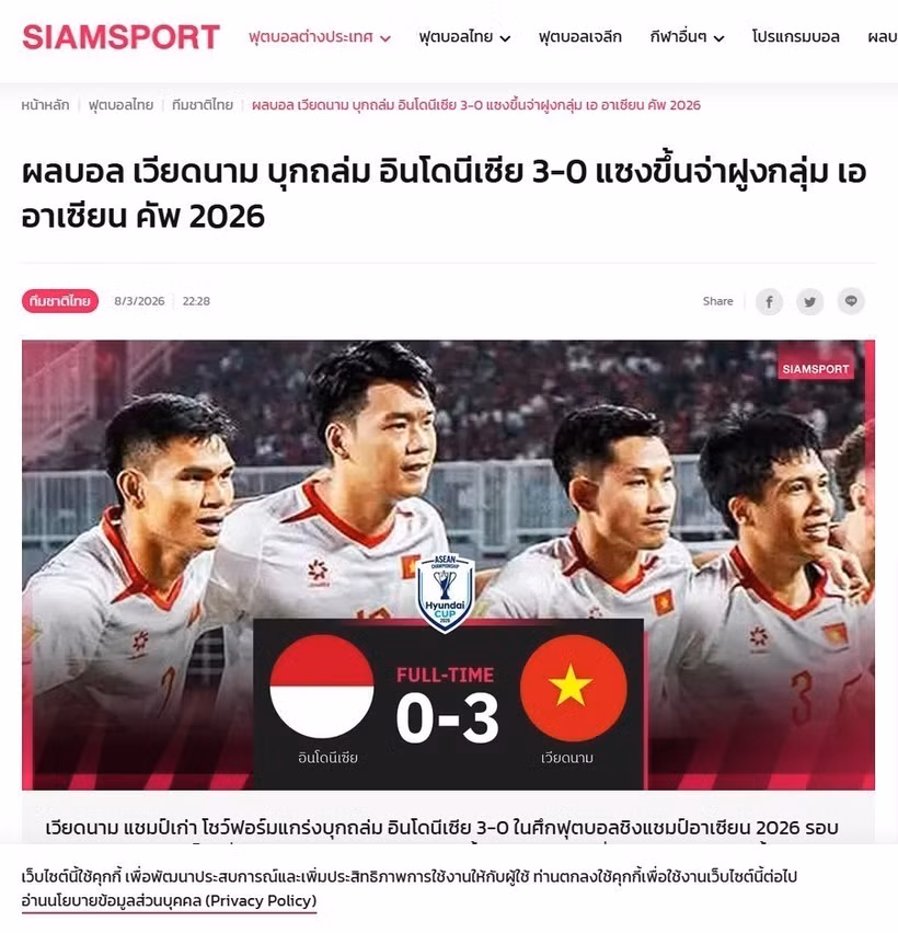 Thailan's Siam Sport article praises Vietnam's performance (Photo published by VNA)