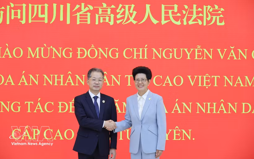 Chief Justice Nguyen Van Quang (left) and Chen Zhijun, Chief Justice of the High People’s Court of Sichuan (Photo: VNA)