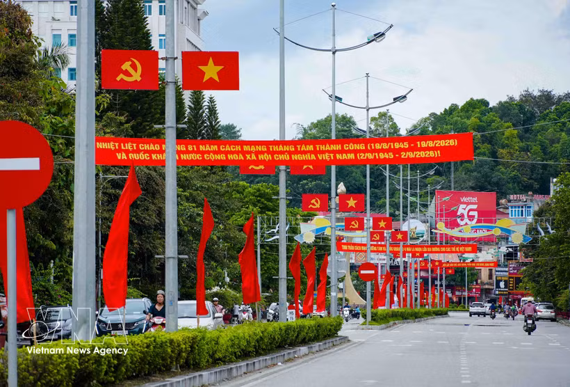 Party flags, national flags, and banners create a festive atmosphere along the streets of Dien Bien Phu ward, Hanoi (Photo: VNA) 