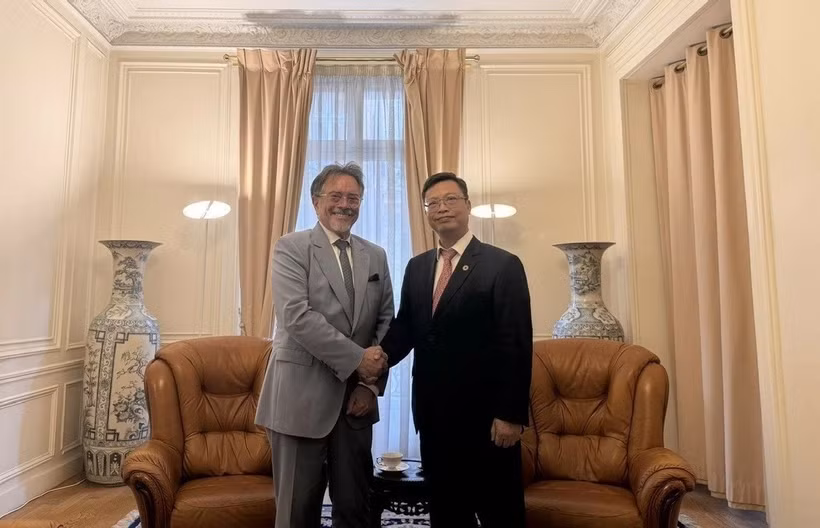 Senior Vice-President of Latin America and Asia at Thales Group Guy Bonassi (L) at a meeting with Vietnamese Ambassador to France Trinh Duc Hai (Photo published by VNA)