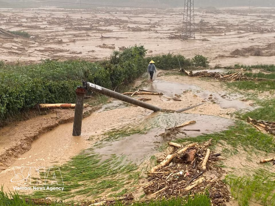 A utility pole was broken and knocked down by flash floods in Muong Than commune. (Photo: VNA)