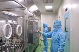 Researchers of the Institute of Vaccines and Medical Biologicals operate equipment in the vaccine production process. (Illustrative photo: VNA)