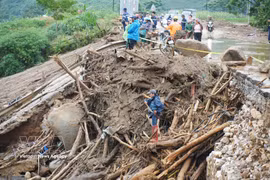 As floodwaters recede, tree branches, logs and debris blanket a road in Muong Than commune, Lai Chau province. (Photo: VNA)