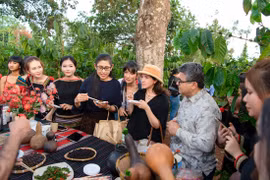 Urawadee Sriphiromya, Thai Ambassador to Vietnam (third from left); Camila Polo Florez, Colombodian Ambassador to Vietnam (C); and Saadi Salama, Ambassador of Palestine to Vietnam (fifth from left), experience indigenous coffee culture in a coffee garden in Dak Lak. (Photo: doanhnghiepkinhtexanh.vn) 