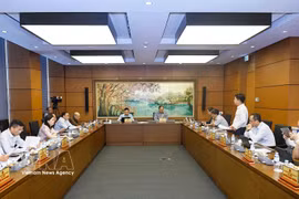 Members of the Hanoi delegation of National Assembly deputies discuss in a group the draft revised Penal Code. (Photo: VNA)