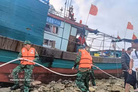 Officers and soldiers of the Hai Phong Border Guard assist a Chinese fishing vessel in securing its moorings while awaiting favourable weather conditions for being towed into the harbour shelter. (Photo: VNA)