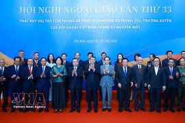 Prime Minister Le Minh Hung (C, first row) poses for a photo with delegates attending the plenary session of the 33rd Diplomatic Conference. (Photo: VNA) 