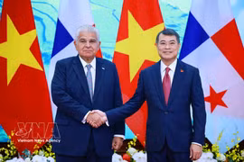 Prime Minister Le Minh Hung (R) meets with Panamanian President José Raúl Mulino in Hanoi on October 7. (Photo: VNA)