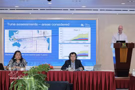 Representatives of the Ministry of Agriculture and Environment, the WCPFC Secretariat, and the New Zealand Embassy in Vietnam chair the workshop. (Photo: VNA)