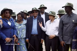 President of the Vietnamese National Assembly Tran Thanh Man (second from right) and his Ivorian counterpart Patrick Achi (centre) visit a demonstration field of promising rice varieties for the 2026 summer-autumn crop in Can Tho city on August 25. (Photo: VNA)