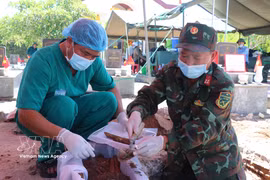 Biological samples are collected from the remains of unidentified fallen soldiers at the Pho An Martyrs' Cemetery in Tra Cau ward, Quang Ngai province. (Photo: VNA)
