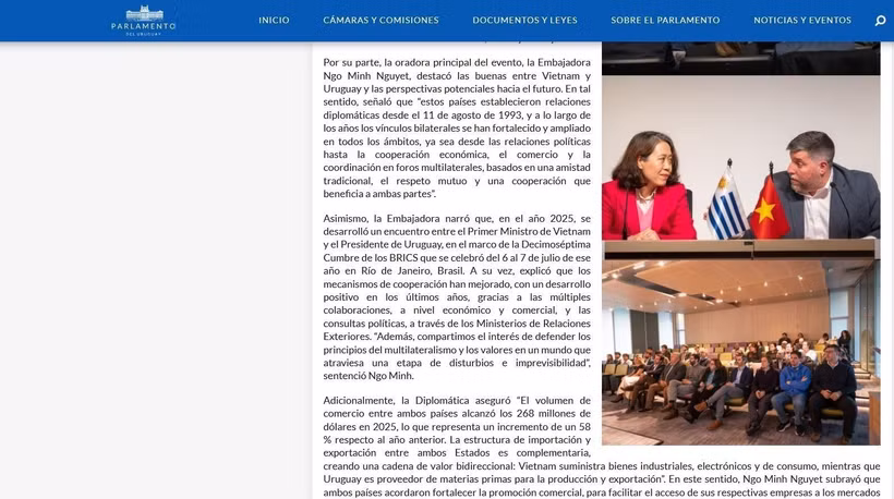 The official website of General Assembly of Uruguay reports the open dialogue entitled “Vietnam–Uruguay Bilateral Relations: Challenges and Prospects” held on October 20. (Photo published by VNA)