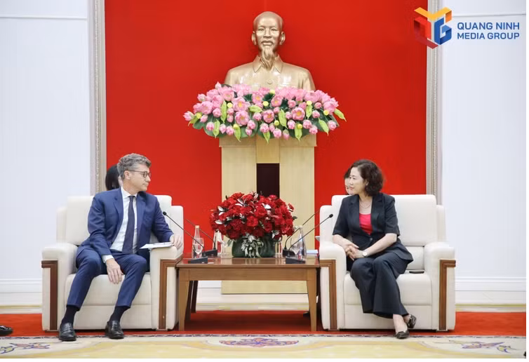 Vice Chairwoman of the Quang Ninh municipal People's Committee Vu Thi Mai Anh (right) meets with Jonathan Wallace Baker, UNESCO Representative to Vietnam, on October 29, 2026. (Photo: baoquangninh.vn)