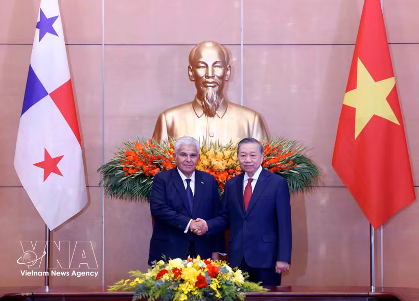 General Secretary of the Communist Party of Vietnam Central Committee and President To Lam (right) and President of Panama José Raúl Mulino at their meeting in Hanoi on October 6. (Photo: VNA)