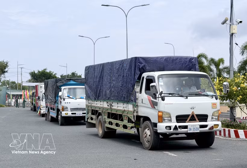 Trucks carrying goods gather and wait for customs clearance procedures at the Khanh Binh international border gate (Photo: VNA) 