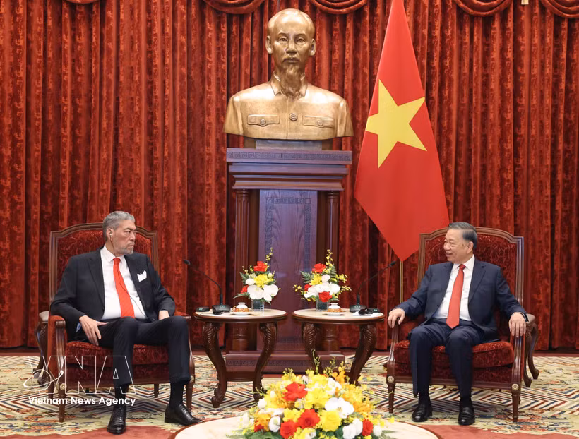 General Secretary of the Communist Party of Vietnam (CPV) Central Committee and President To Lam (right) and Miguel Mejia, Secretary General of the United Left Movement (MIU) Party of the Dominican Republic at their meeting in Hanoi on October 26 (Photo: VNA)