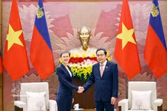 National Assembly President Tran Thanh Man (R) meets with Prime Minister of Liechtenstein Brigitte Haas at the National Assembly House in Hanoi on October 19. (Photo: VNA)