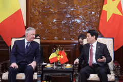 Vietnamese State President Luong Cuong (R) meets with Belgian King Philippe in Hanoi on April 1 morning. (Photo: VNA)