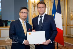 Vietnamese Ambassador Trinh Duc Hai (L) presents his credentials to French President Emmanuel Macron. (Photo: VNA)