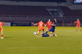 Vietnam U19 women’s team (in red) on the ball against Thailand U19 (in blue). (Photo: VNA)