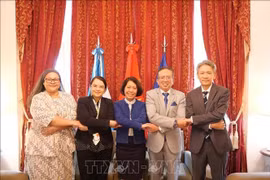 Vietnamese Ambassador Ngo Minh Nguyet (middle) poses for a photo with delegates at the event. (Photo: VNA)