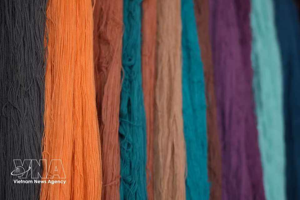 Traditional brocade weaving uses materials such as cotton, flax, hemp and silk, with natural dyes extracted from leaves, tree bark and roots. (Photo: Bich Hue/VNA)