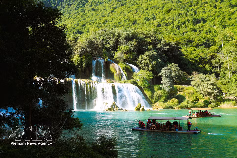 Ban Gioc Waterfall in autumn displays a beautiful mix of natural colours. (Photo: Chu Hieu/VNA)