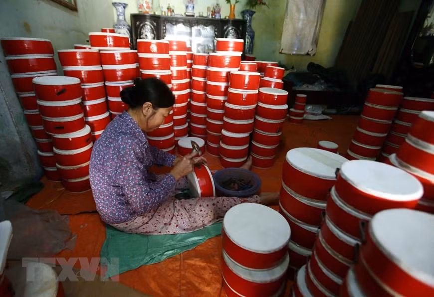 The villagers mostly use water buffalo skin bought from other localities to make drums (Photo: VNA)