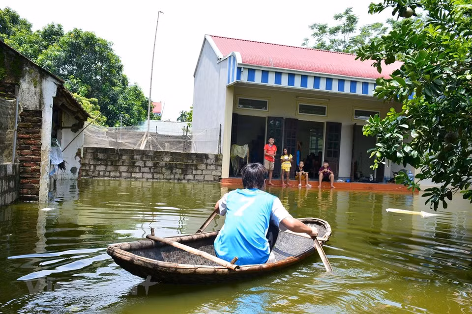 A local man rowing in his house's yard. (Source: VNA)