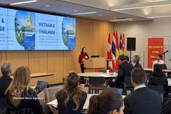 Tran Thu Quynh, Trade Counsellor at the Vietnamese Embassy in Canada, speaks at the conference at Laval University in Quebec, Canada. (Photo: VNA)