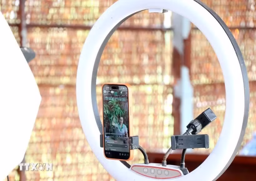 A seller in Vinh Long province livestreams to advertise products. (Photo: VNA)