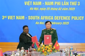 Deputy Minister of National Defence Senior Lieutenant General Hoang Xuan Chien (R) shakes hands with Acting Secretary for Defence of South Africa Thobekile Gamede. (Photo: VNA)