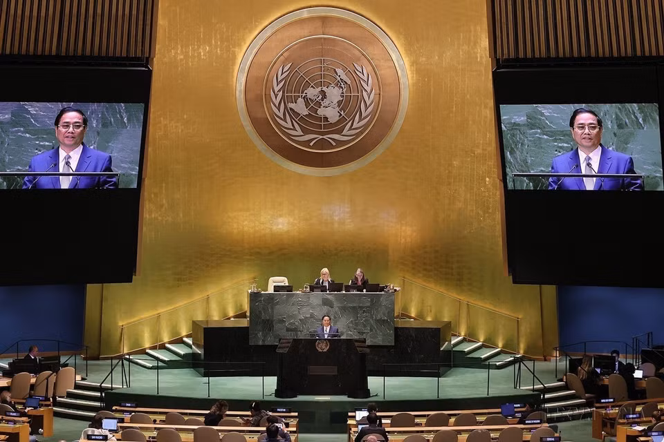 September 20, 2023: Prime Minister Pham Minh Chinh delivers a speech at the high-level General Debate of the 78th UN General Assembly in New York, emphasising Vietnam's continued engagement with global issues. (Photo: VNA)