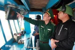 A representative from authority inspects the installation of vessel monitoring system (VMS) in a fishing vessel. (Photo: VNA)