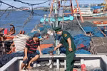 A border guard soldier inspects the installation of the vessel monitoring system (VMS) on a fishing vessel at Cat Lo fishing port. (Photo: VNA)