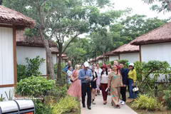The famtrip delegation surveys and experiences accommodation and dining services in Tien Thanh ward, Lam Dong province. (Photo:VNA)