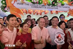 Singapore Minister for Manpower Tan See Leng (center) at the Vietnamese community booth. (Photo: Singapore Minister for Manpower Tan See Leng (white shirt, center) at the Vietnamese community booth. (Photo: VNA)