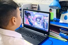 A student at Thang Long Primary School in Hanoi attend an online class. (Photo: VNA) 