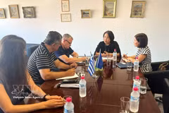 Vietnamese Ambassador to Greece Pham Thi Thu Huong meets with representatives of the Patras Chamber of Commerce. (Photo courtesy of the Vietnamese Embassy in Greece) 
