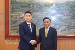 Tran Cam Tu, Politburo member and Standing member of the Communist Party of Vietnam (CPV) Central Committee’s Secretariat (R) receives Lao youth delegation (Photo: VNA)