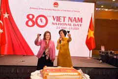 Vietnamese Ambassador Dang Thi Thu Ha (right) and Turkish Deputy Foreign Minister Berris Ekinci toast to celebrate Vietnam’s National Day. (Photo: VNA) 