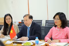 Deputy Minister of Culture, Sports and Tourism Ta Quang Dong (centre) speaks at a meeting with Fuad Muradov, Chairman of Azerbaijan's State Committee on Work with Diaspora. (Photo: Ministry of Culture, Sports and Tourism)