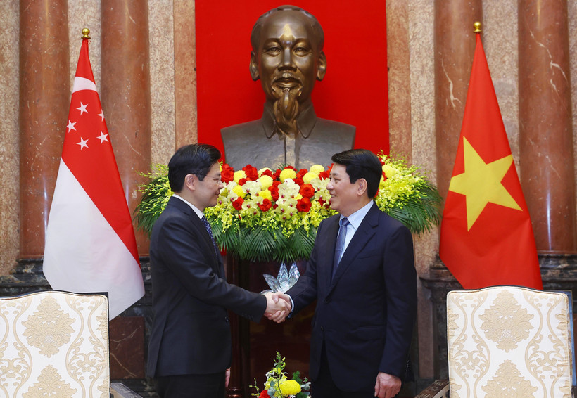 State President Luong Cuong (R) shakes hands with Singaporean Prime Minister Lawrence Wong. (Photo: VNA)