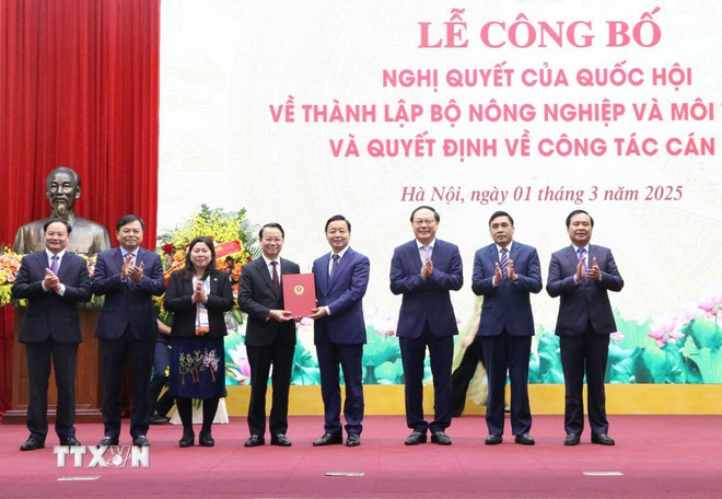 Deputy Prime Minister Tran Hong Ha presents the decision stipulating the functions, tasks, power, and organisational structure of the Ministry of Agriculture and Environment. (Photo: VNA)