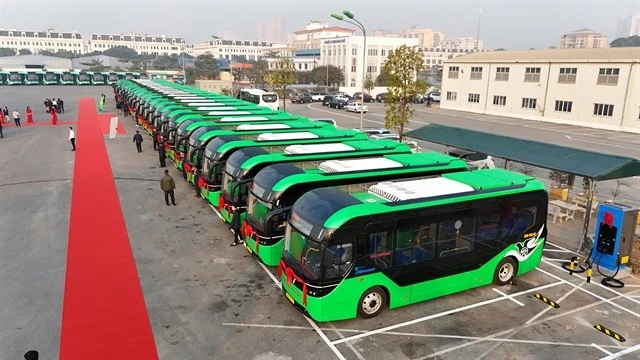 VinFast's green bus fleet is ready to supply to three transport companies. (Photo: VNA)